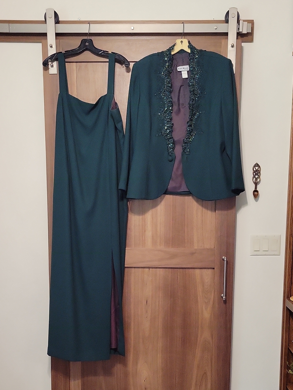 Dark Green Embellished Evening Jacket & Dress Set - Women's